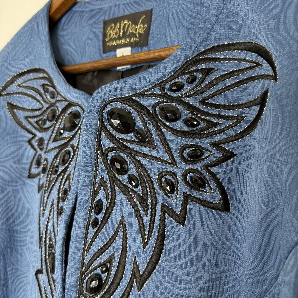 Bob Mackie Wearable Art Jacket Womens Large Blue Jacquard Embellished Beaded